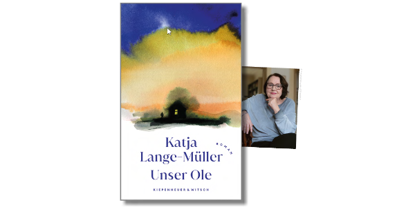 Cover vom Buch Unser Ole mit einer Zeichnung eines reetgedeckten Hauses im Sonnenuntergang und das Portrait-Foto der Autorin