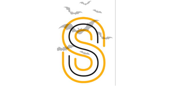 Logo-S der Stadtbibliothek Spandau im Hintergrund sind grau gezeichnete, fliegende Fledermäuse zu erkennen