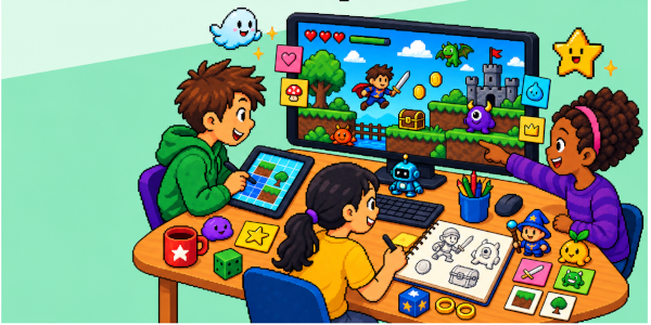 Kinder vor einem Bildschirm mit einem PC-Game. Alles ist im Mario-Bros-Stil.