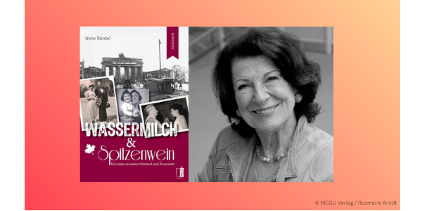 links Cover des Buchs - Wassermilch und Spitzenwein - darauf ist das Brandenburger Tor sowie Fotos in Schwarz-weiß zu sehen. Rechts das Portrait der Autorin Irene Bindel.