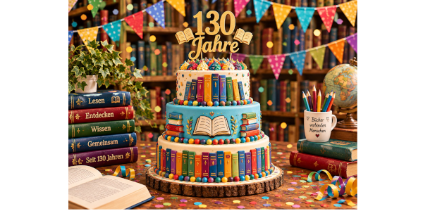 KI-generierte Illustration einer Torte im Buch-Stil vor Bücherregalen, verziert mit Girlanden und Konfetti