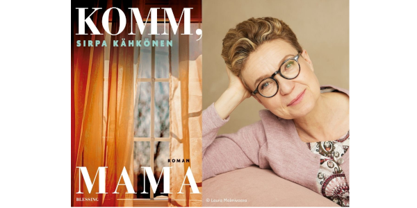 links ist das Cover des Romans Komm, Mama. Darauf ist ein Fenster zu sehen, das halb von einer Gardine verdeckt ist und durch das Licht fällt, rechts ist dasPortrait der Autorin, einer lächelnden Frau mit kurzen Haaren.