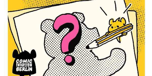 Grobe Zeichnung auf der weiße Blätter übereinander liegen und die Umrisse eines Bären zu erahnen sind. Darüber ist ein großes Fragezeichen.