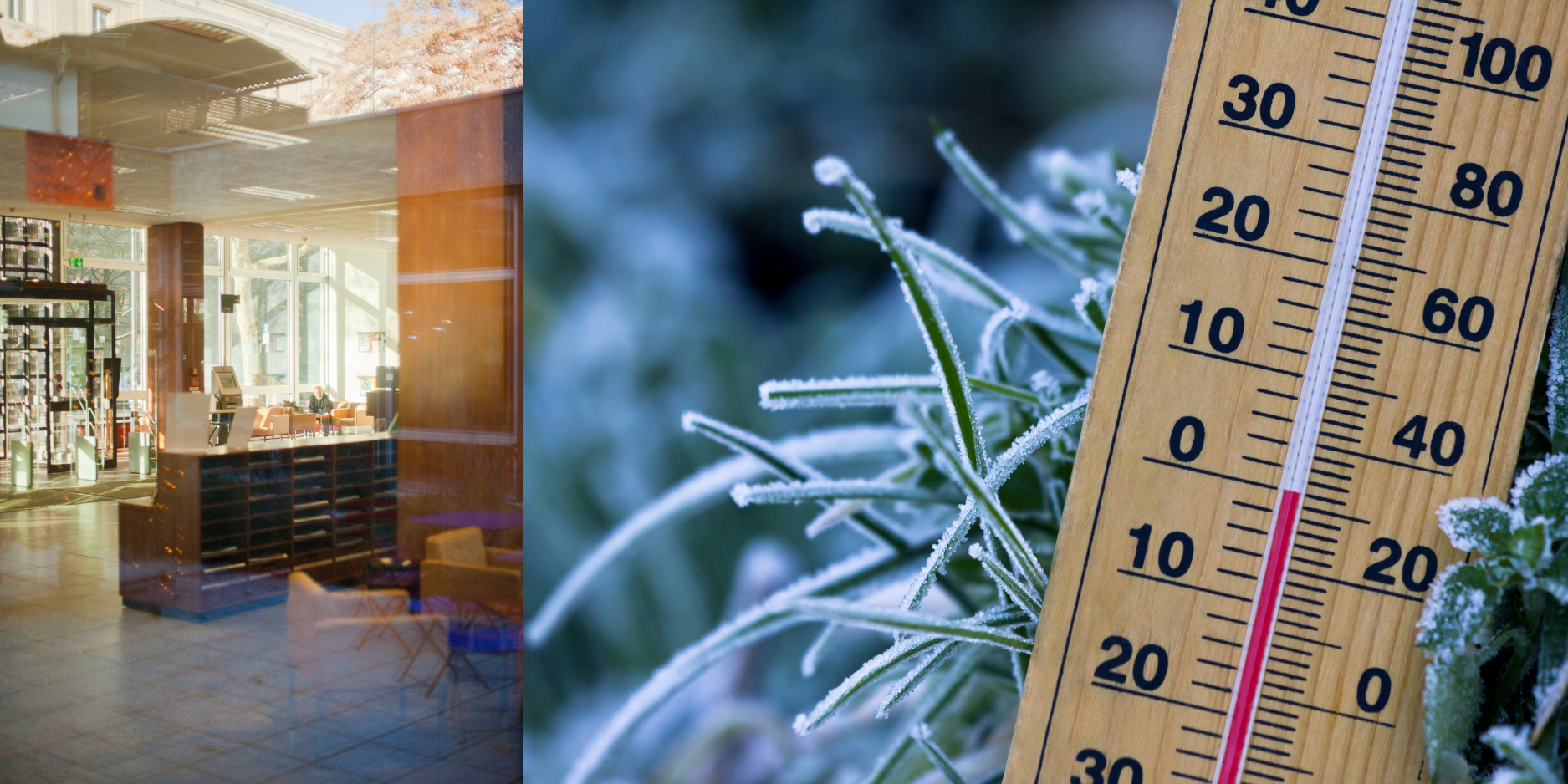 Bild vom Foyer der Berliner Stadtbiblitohek und rechts ein Bild von frostiger Landschaft und Thermometer, das 0 Grad anzeigt