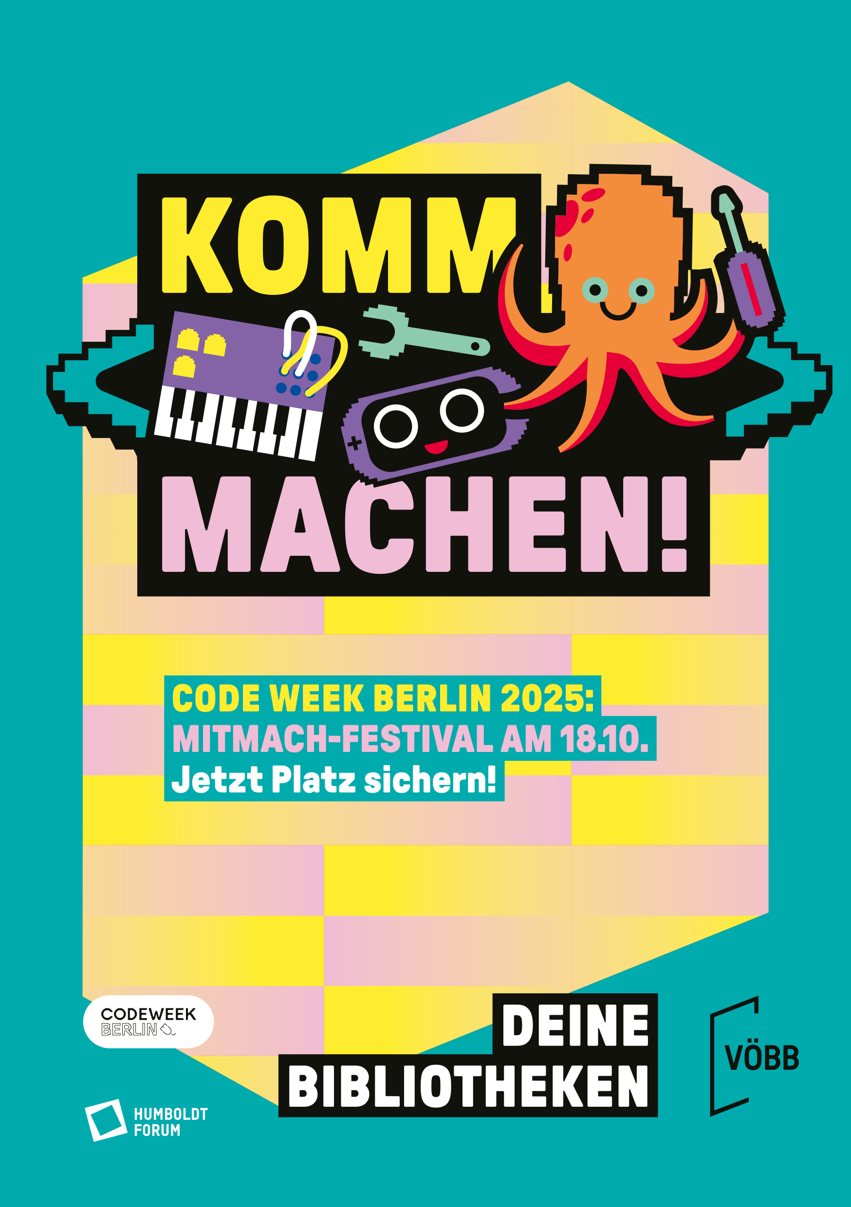 Grafik einer Krake im Retro-Stil sowie andere Icons passend zur Code Week mit dem Slogan Komma machen!