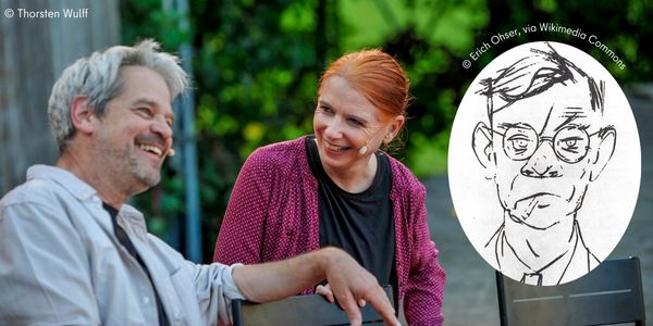 Foto von zwei Personen, die miteinander lachen darüber liegt eine Zeichnung mit einem Portrait eines Mannes