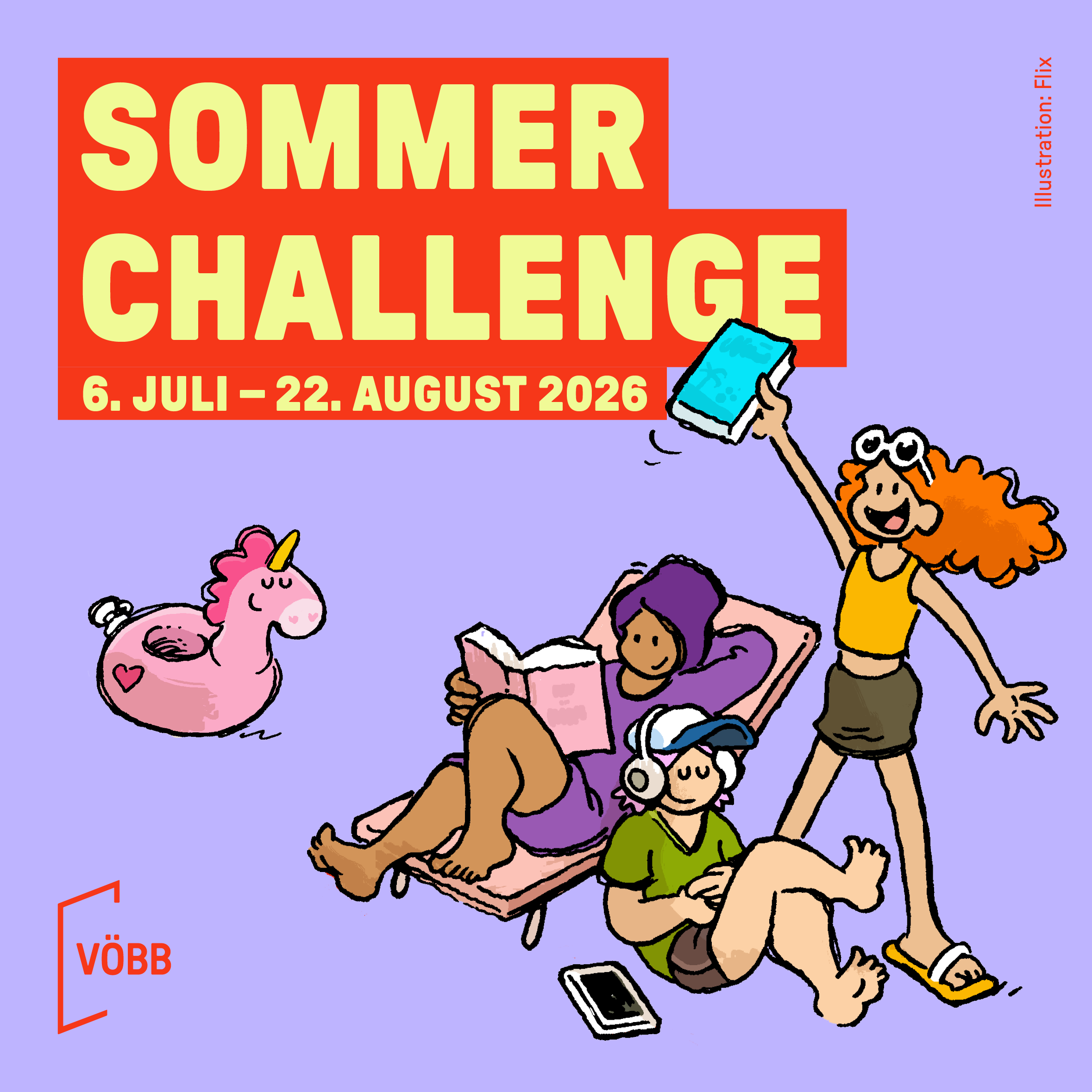Fliederfarbene Kachel mit Illustrationen von Flix - Kinder mit Büchern und Tablets in Liegestühlen neben Pooltieren.
