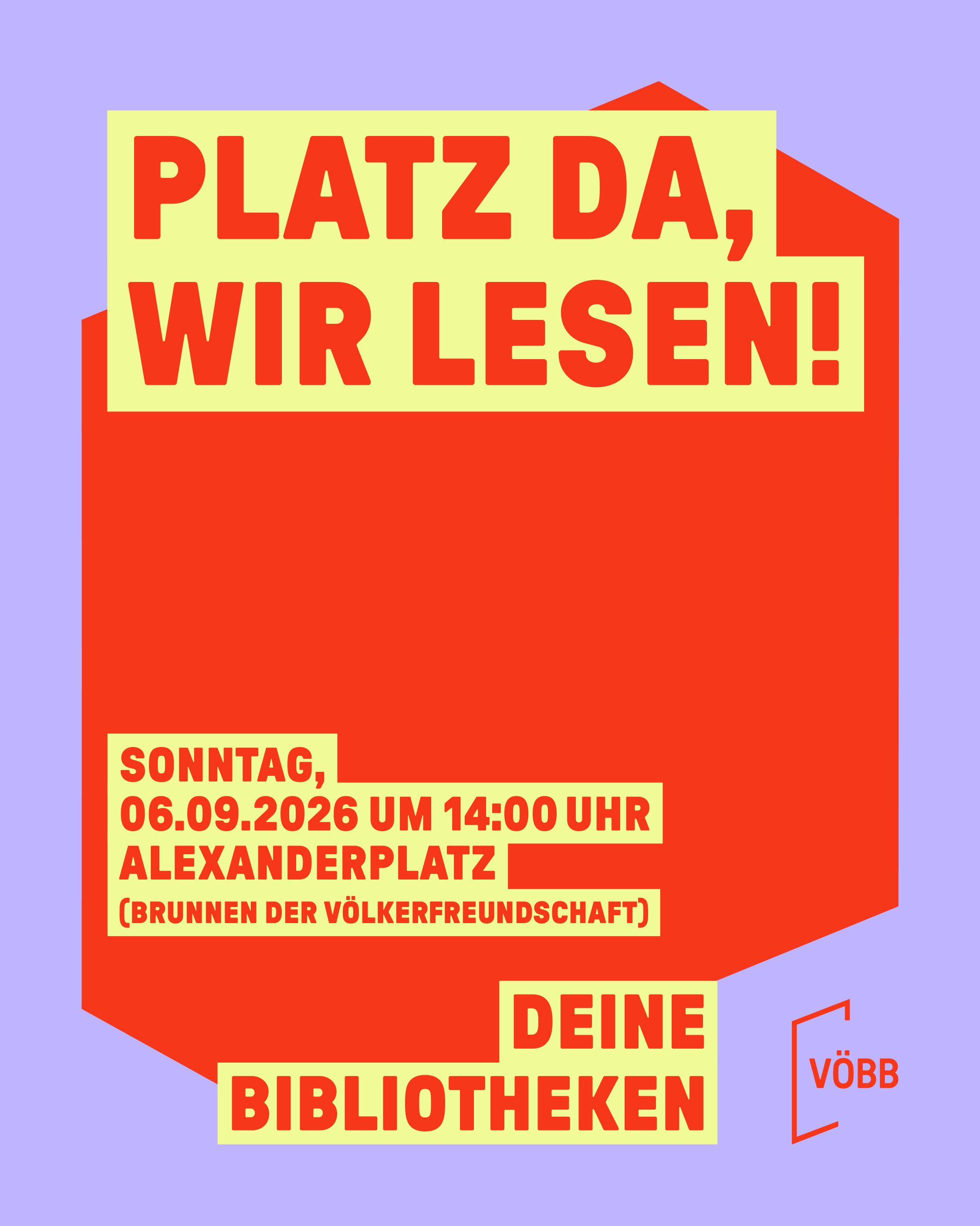 Eine fliederfarbene Kachel auf der in gelber Schrift steht: Platz da, wir lesen.