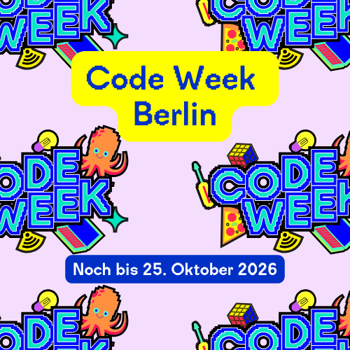 Grafik mit Schriftzug Code Week und vielen bunten Symbolen