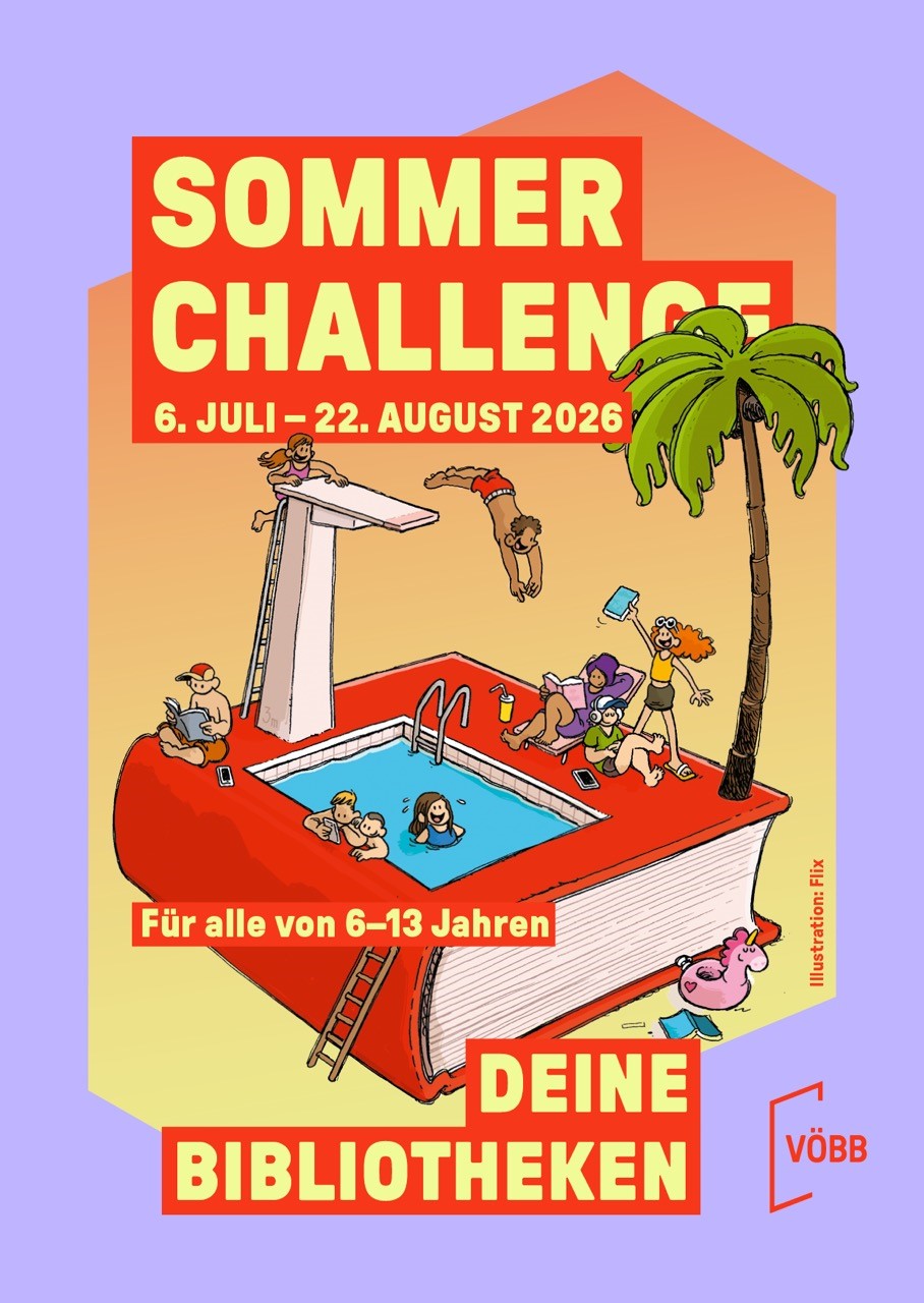Eine Comic-Zeichnung vom Zeichner Flix. ZU sehen sind viele Kinder in Badesachen, die um einen Swimmingpool herumsetzen oder reinspringen. Der Clou ist, dass der Pool in ein übergroßes Buch integriert ist. 