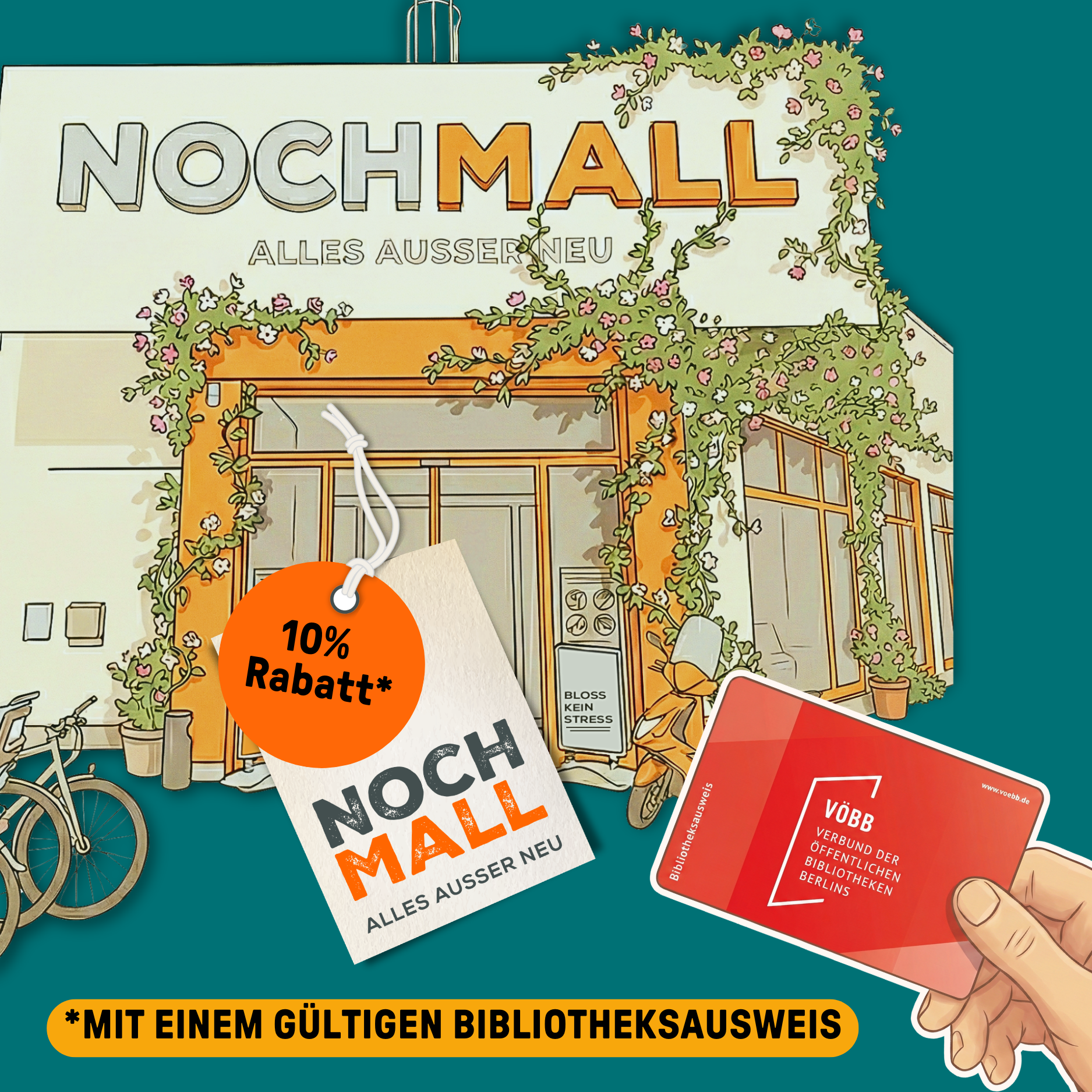 Zeichnung von der NochMall, daneben eine gezeichnete Hand, die einen Bibliotheksausweis hält