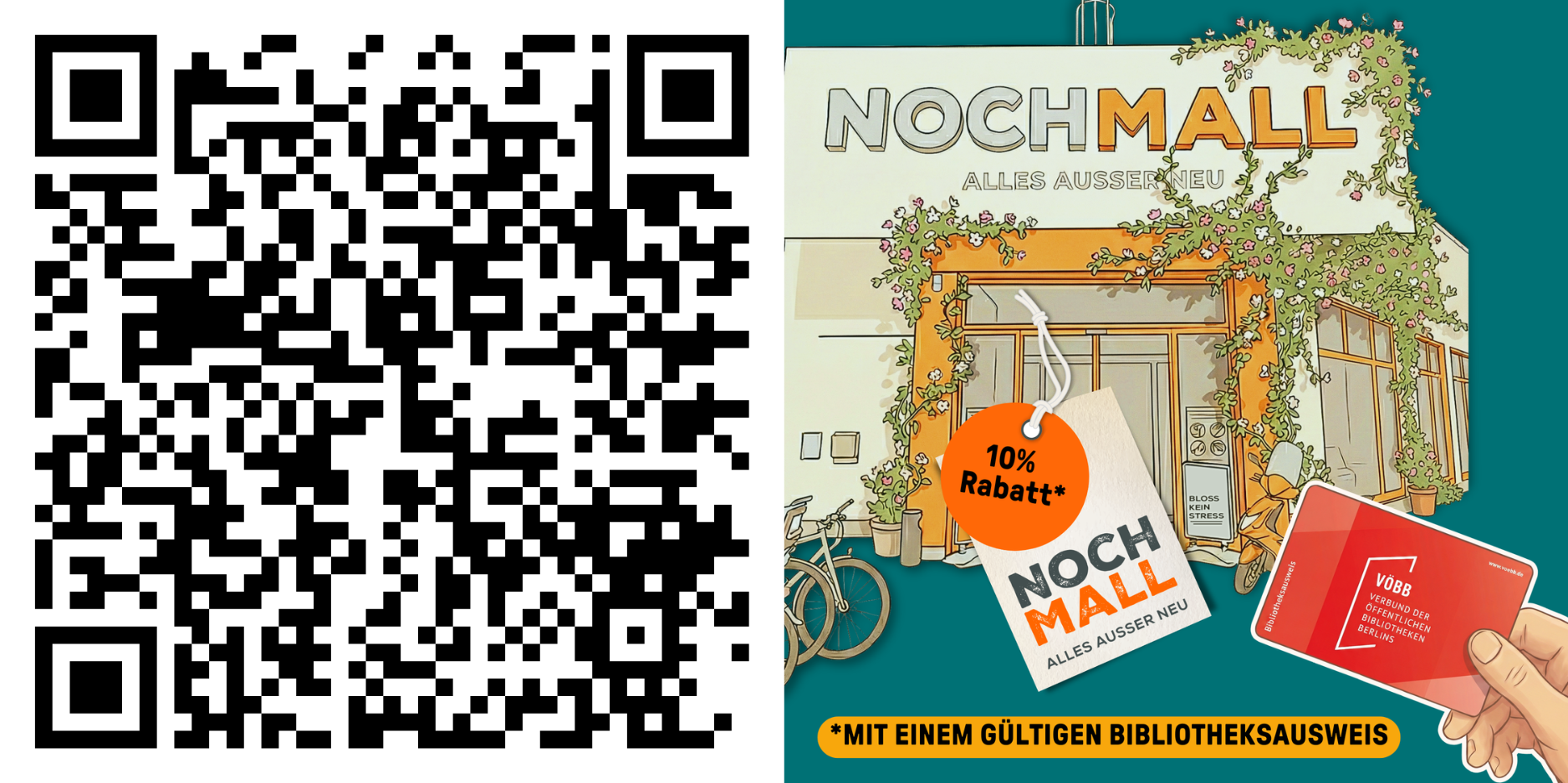 Kachel mit QR Code und daneben eine Grafik von der NochMall und einem Bibliotheksausweis