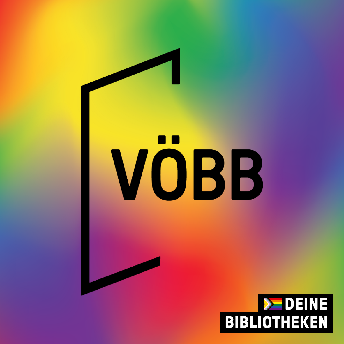 Regenbogenfarbene Kachel mit dem VOEBB-Logo und Schriftzug Deine Bibliotheken.