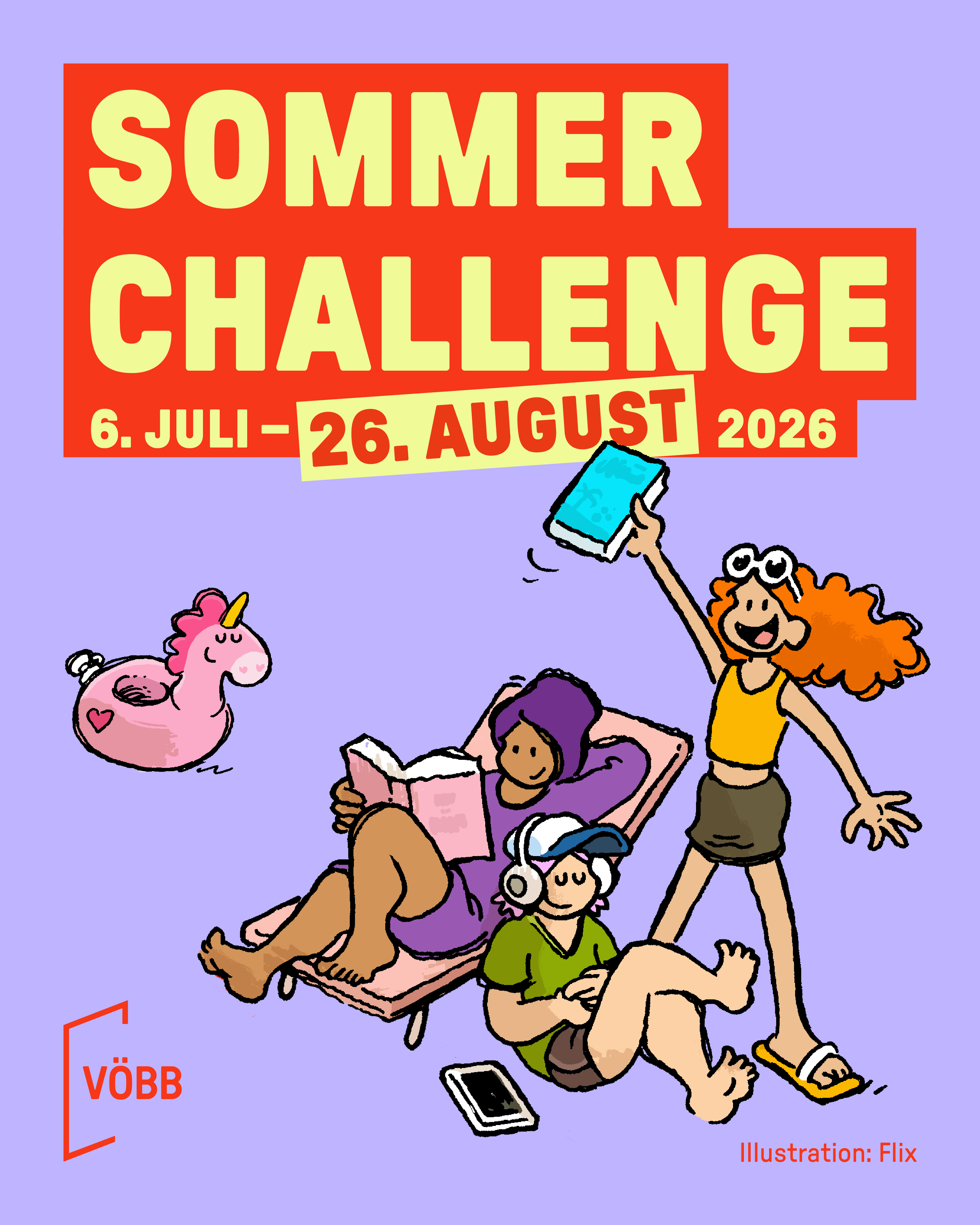 Eine Comic-Zeichnung vom Zeichner Flix. Zu sehen sind viele Kinder in Badesachen, die Bücher und Tablets in der Hand halten. 