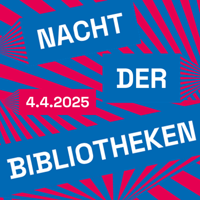 Schriftbild Nacht der Bibliotheken mit dem Datum 4.4.2025 mit an Laser erinnernde Streifen in Blau und Magenta und Animation zu Radiosendung 